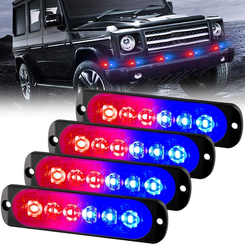 Sidaqi Universal 12-24V Emergency Strobe Warning Lights 6 LED 12W Surface Mount Beacon Hazard Warning Lights Flashing Light Bar for Off Road Vehicle, ATVs, Truck- 4PCS (Red&Blue) - Image 1